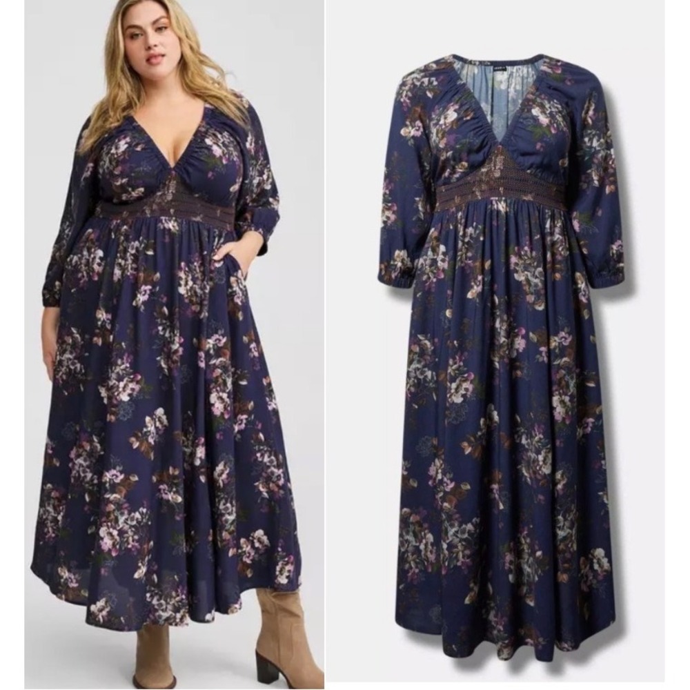 Torrid Size 2X Maxi Dress Navy Floral V-neck 3/4 Sleeves Smocked Waist Fall